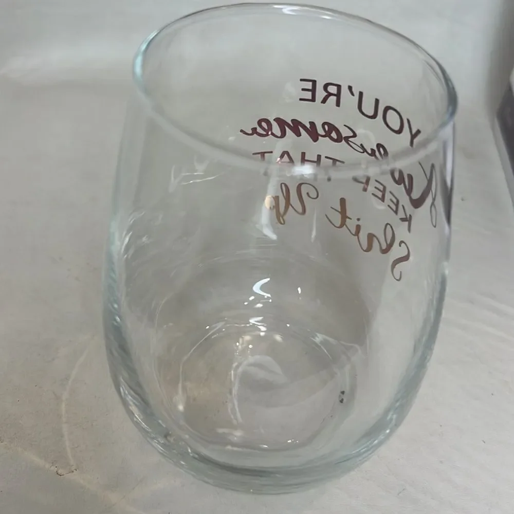 Stemless Wine Glass With Gold Words 15 Ounces YOUR AWESOME KEEP THAT SHIT UP